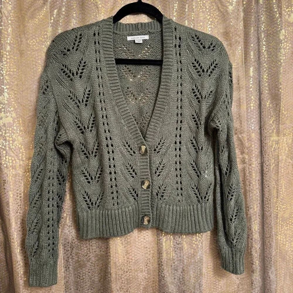 American Eagle Olive Green Pointelle Open Knit Cropped Cardigan XS